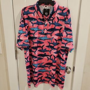NWT Golf Gentry Performance Polo Shirt - Pink & Blue Shark Print AOP - Size 3XL